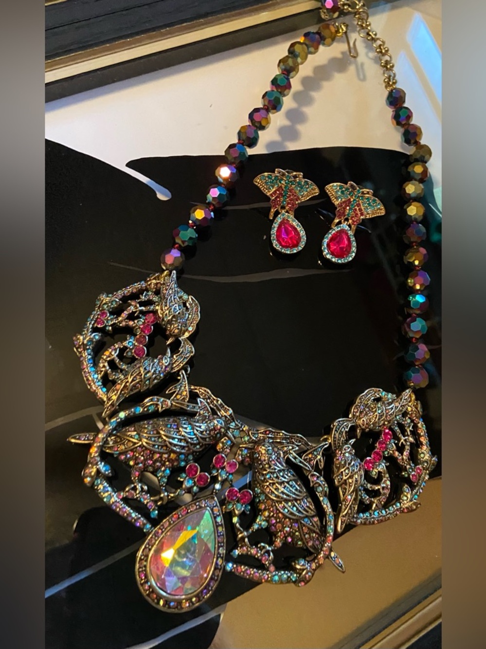 Multicolor K9 Crystal Teardrop Statement Necklace & Colorful Butterfly Earrings